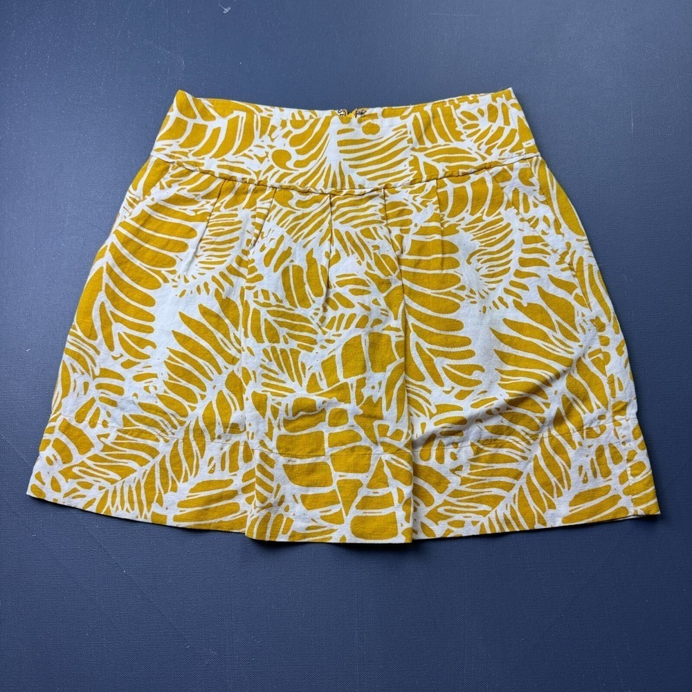 LOFT Women's Size 0 Yellow White Floral A-Line Skirt Linen Blend Zip Back Casual